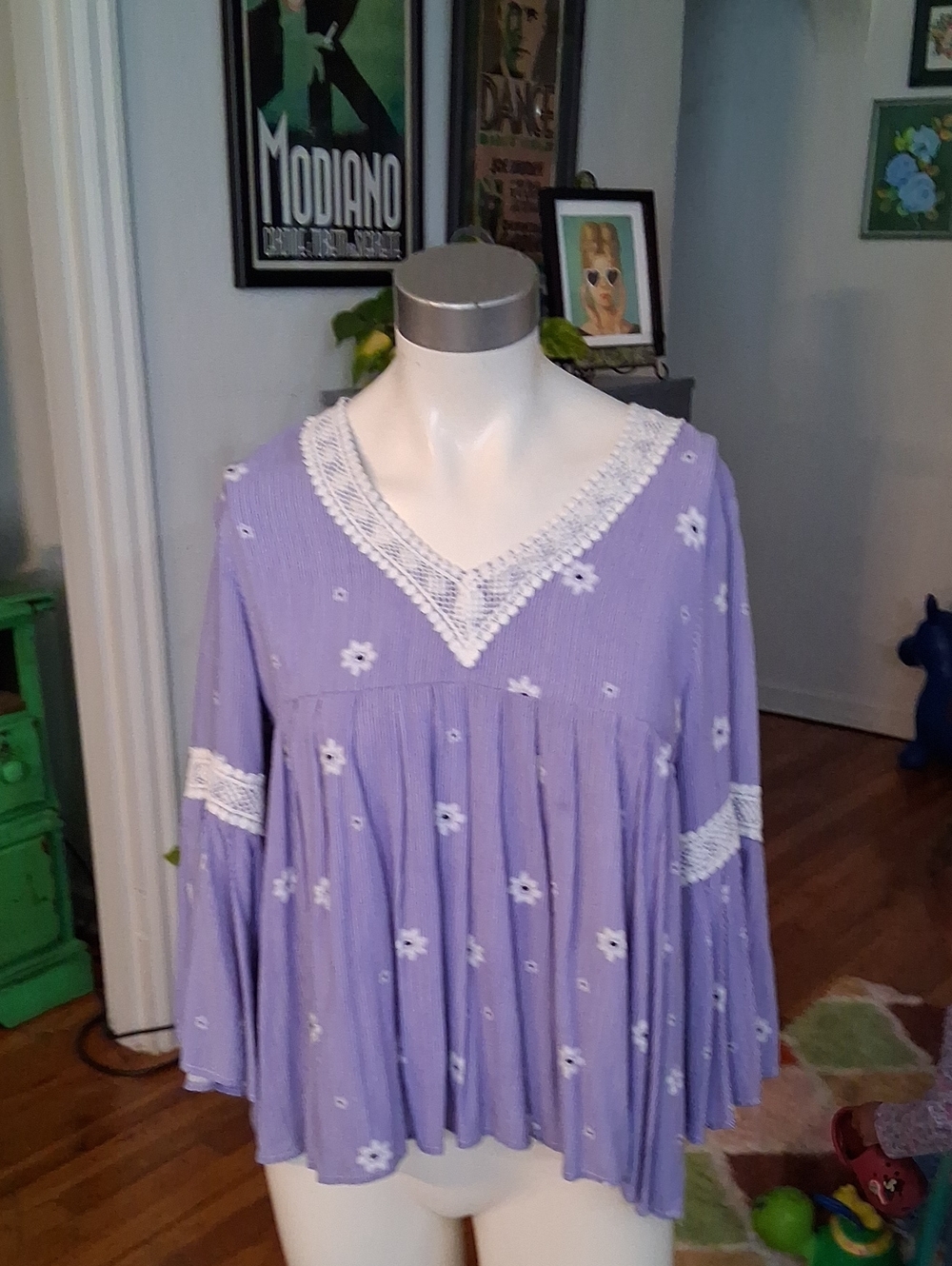 Blue Pin Striped Floral Lace-Trim V-Neck Peasant To
